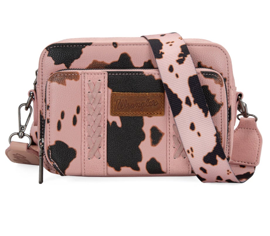 Wrangler Cow Print Crossbody Purse With Wallet Compartment Pink The Pink Cow Clothing Co Western Boutique Outfitters